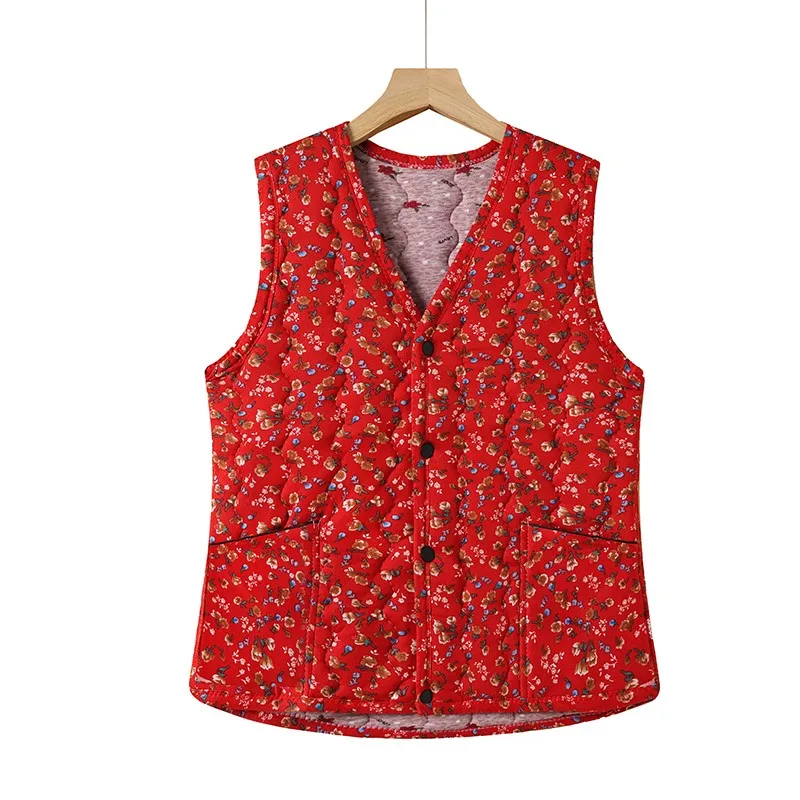 Women flowers Vests Autumn Ultra-light Sleeveless Jacket Winter Warm Cotton Base Vest  Button Waistcoat Female