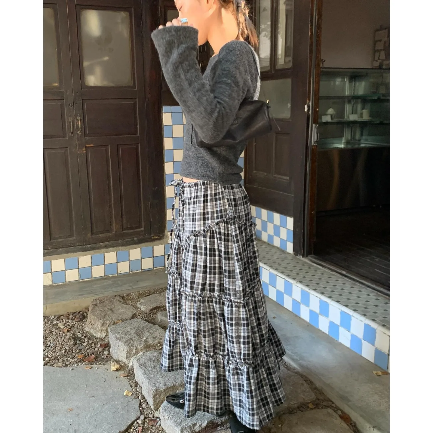 Lente 2025, Dongdaemun retro geruite geplooide ruches f rok lange Dr Koreaanse Sle A-lijn katoen polyester gebreide rok