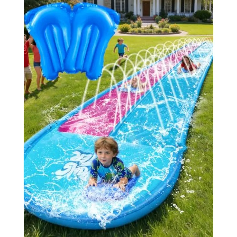 Backyard inflatable slip and water slide for kids, heavy-duty PVC, blue and red, 22ft dual-lane with bodyboards and sprinkler