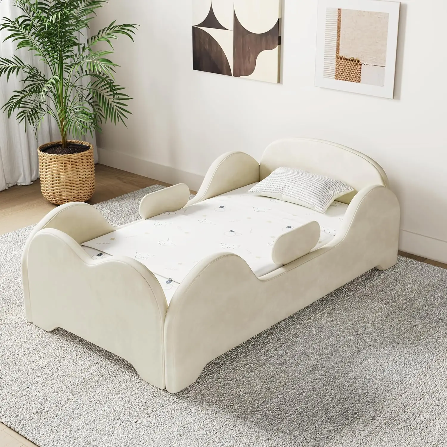 Toddler Floor Bed with Safety Rail Low to Floor Design Standard Crib Size Certified Fabric for Kids Bedroom, Customized