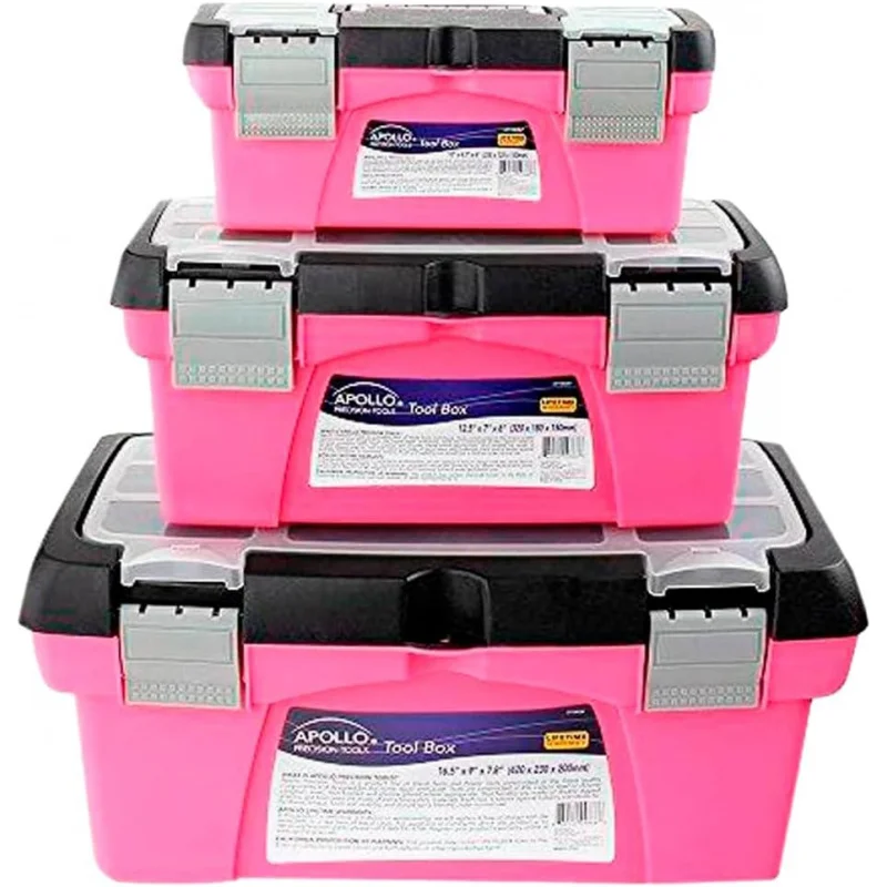 

Set of 3 Pink Stackable Tool Boxes with Top Compartment and Removable Trays for Crafts, Tool Storage - Pink Ribbon - Pink - DT5