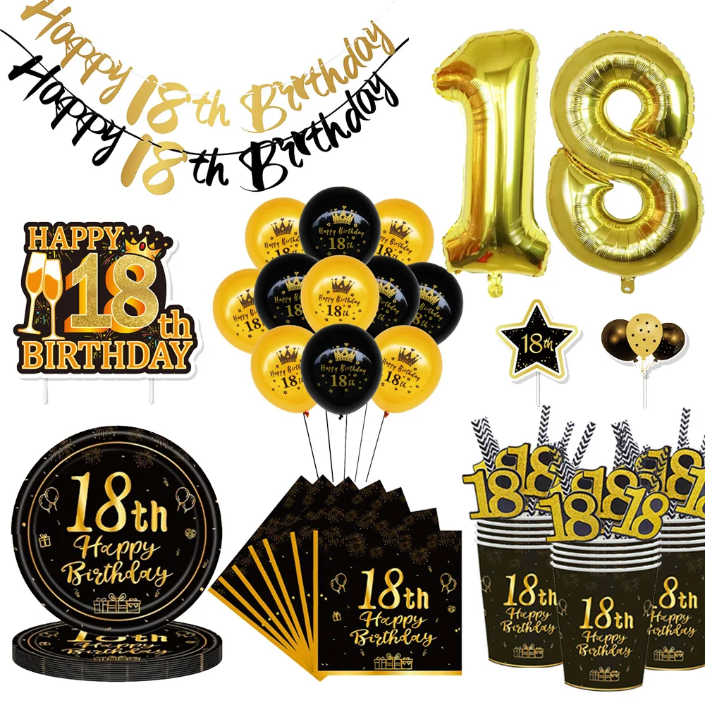 Schwarz Gold Party Einweggeschirr Pappteller Serviett Tasse Ballon Jungen Mädchen Alles Gute zum 18. Geburtstag Partydekorationen Zubehör
