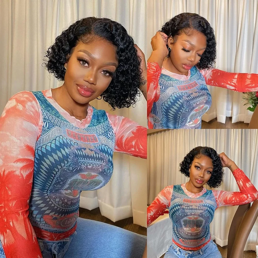 딥 웨이브 밥 가발 인모 4x4 HD 곱슬 밥 레이스 클로저 가발 인모 프리 플러킹 웨어 앤 고 글루리스 숏 컬리 레이스 가발