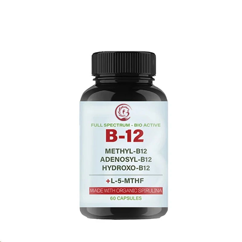 Complejo de vitamina B12 de 1000 mcg que contiene metilclobalalamina, adenosina cobalamina y hidroxyB12 elaborado de espirulina orgánica