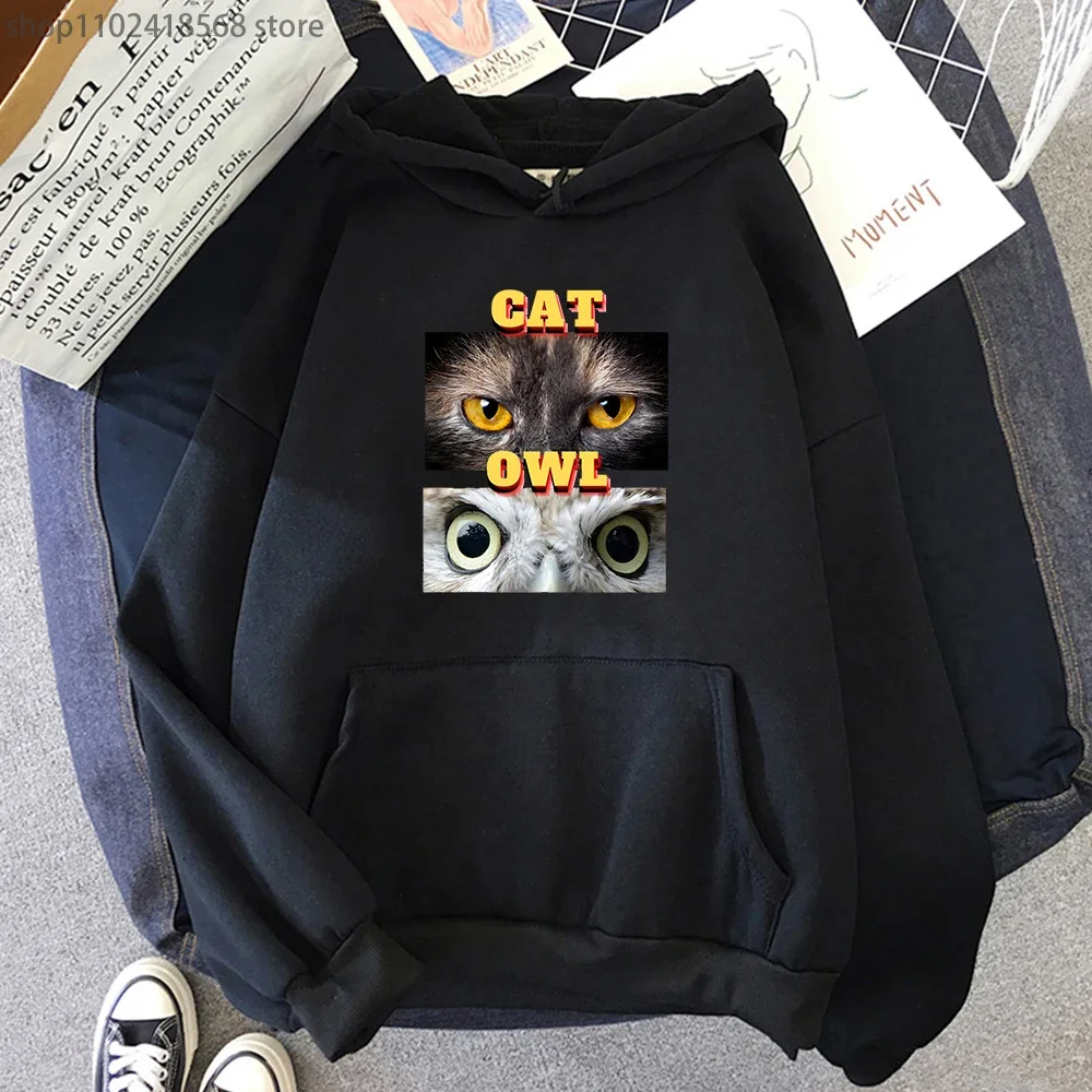 Animal Garphic Men Clothing A Cat and An Owl Hoodies Cartoon Sweatshirt Long Sleeve Pullovers Streetwear Women Tops Y2k Clothes
