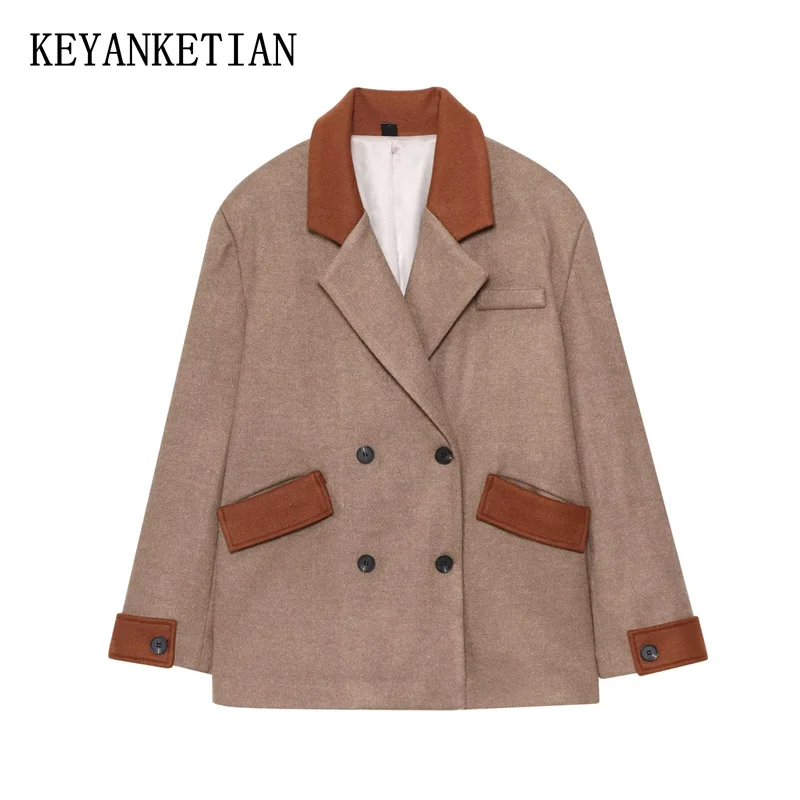 

KEYANKETIAN 2025 Autumn/Winter New Women's Woolen Suit Retro style Patchwork Decoration Double Breasted Loose Blazer Greatcoat