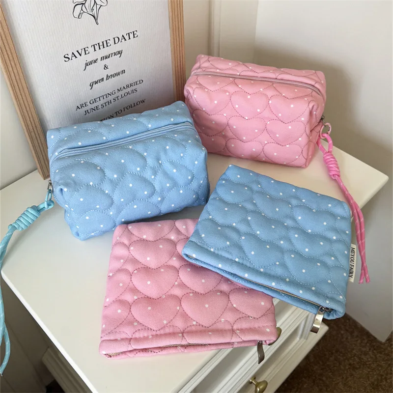 Quilted Cosmetic Pouch Cute Heart Dot Zipper Purse Multifunctional Teen Girls Travel Lipstick Stationery Storage Bag