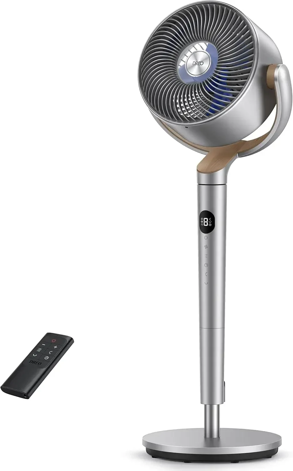 

Standing Pedestal Fan Omnidirectional Oscillating DC Motor Quiet 20 Decibel 90 Foot Range 8 Speeds 3 Modes Circulator Remote Con