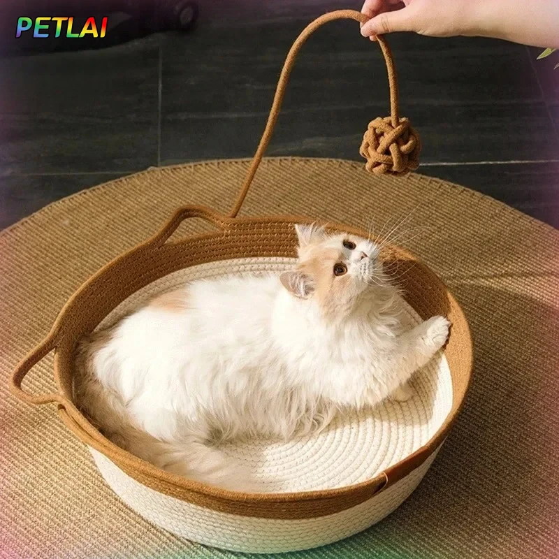 

Cat rattan bed mat with sepaktakraw summer breathable Coarse linen Durable nest cat ear shape bed mat with rattan teasing ball
