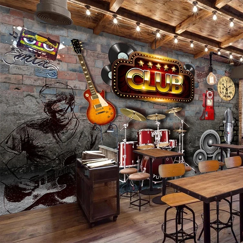 Customized Mural 3D Vintage Brick Wall Music Theme KTV Bar Wallpaper rock club Living room TV background wall bedroom restaurant