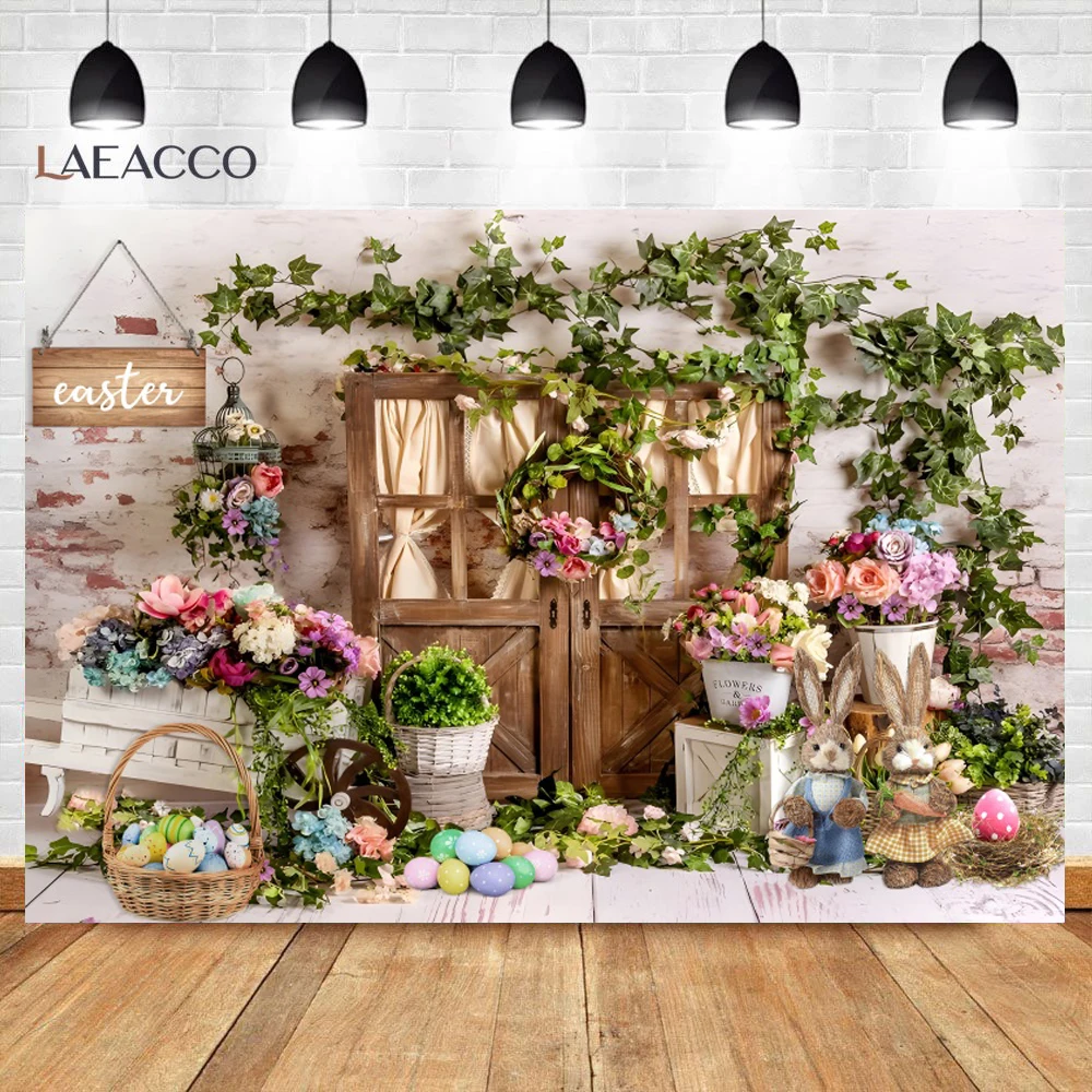 

Old Brick Wall Spring Easter Rustic Wood Bunny Rabbit Colorful Eggs Background Photography Backdrop Photocall Photo Studio