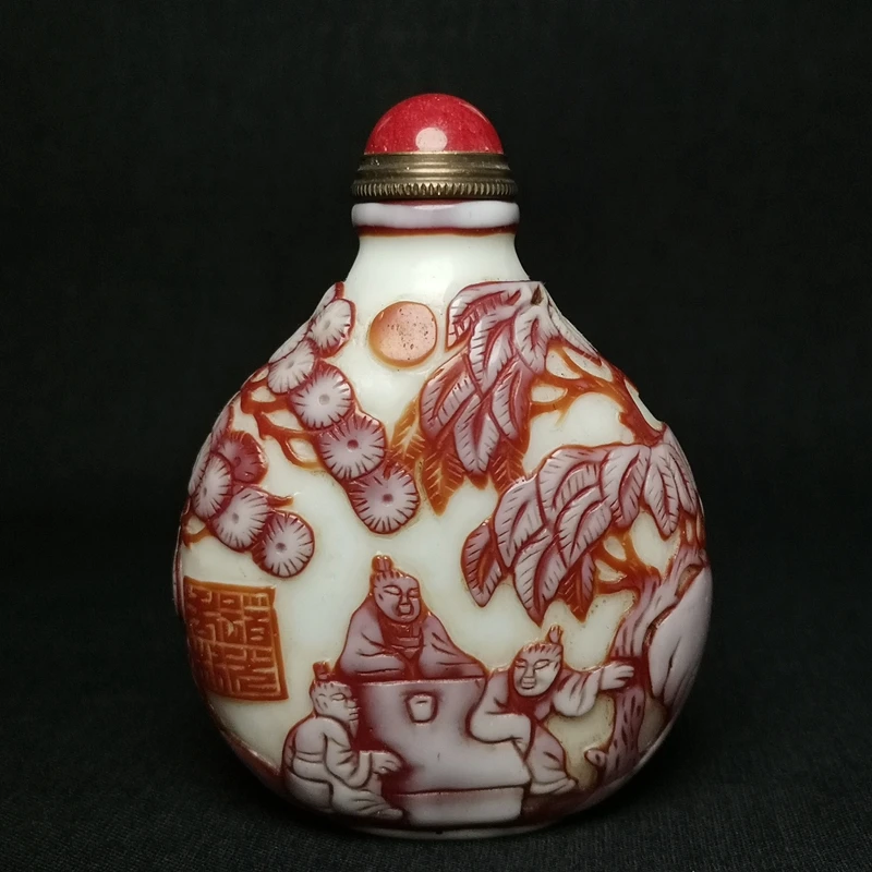 

YIZHU CULTUER ART Size 3.3 Inch Chinese Old Beijing Glaze Carving Tree 6 People men statue Snuff Bottle