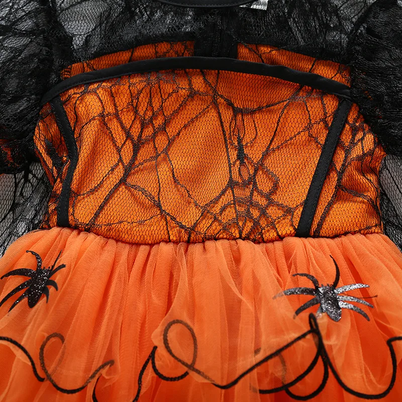 Mädchen-Spinnen-Hexen-Tutu-Kleid-Set, Spinnennetz-Netzcape, Hexenhut, Handschuhe, Kürbistasche, Leggings für Kinder, Halloween-Cosplay-Outfit – Detail 16