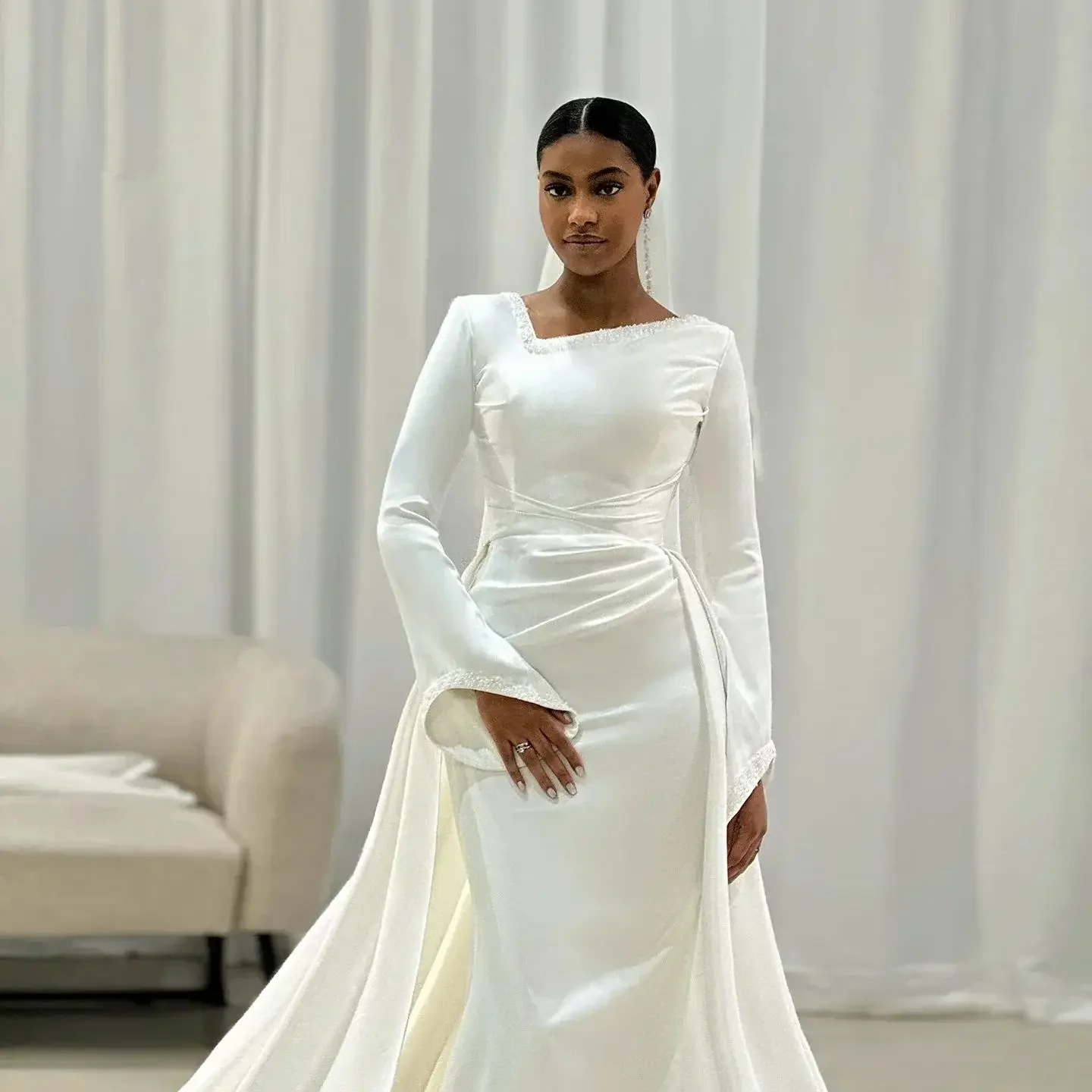 Graceful Mermaid Wedding Dresses Long Sleeves Unique Neck Beads Satin African Bride Gowns Detachable Train Vestido De Noiva