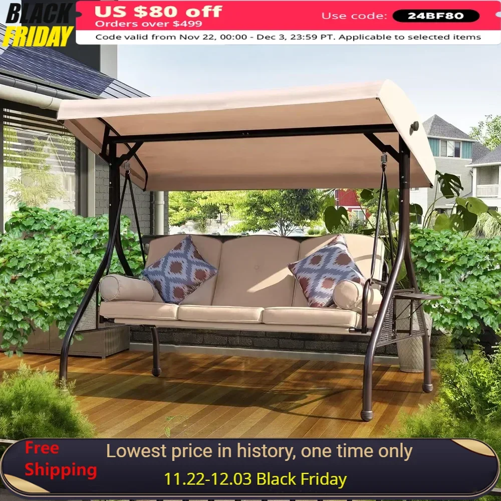 

Patio Swing, Swing Bed, 3-Seat Outdoor Swing Set with Adjustable Canopy, Thickened Cushion & Foldable Side Tray, Outdoor Swing