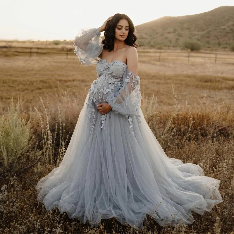 Custom Off-Shoulder Tulle Maternity Gown – 3D Floral Applique Maxi Dress with Puff Sleeve for Pregnancy Photoshoot & Baby Shower