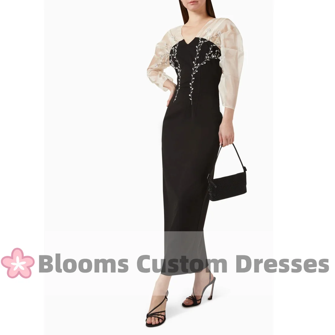 

Blooms 2024 Evening Dress Long Sleeves Beads Floral Formal Party Gown V-Neck Prom Dress For Wedding robes invitée mariage