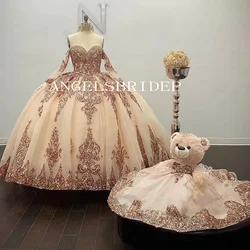 Angelsbridep Customized Champagne Ball Gown 15 Year Old Quinceanera Dresses With Long Sleeves Shiny Sequins Prom Party Gowns