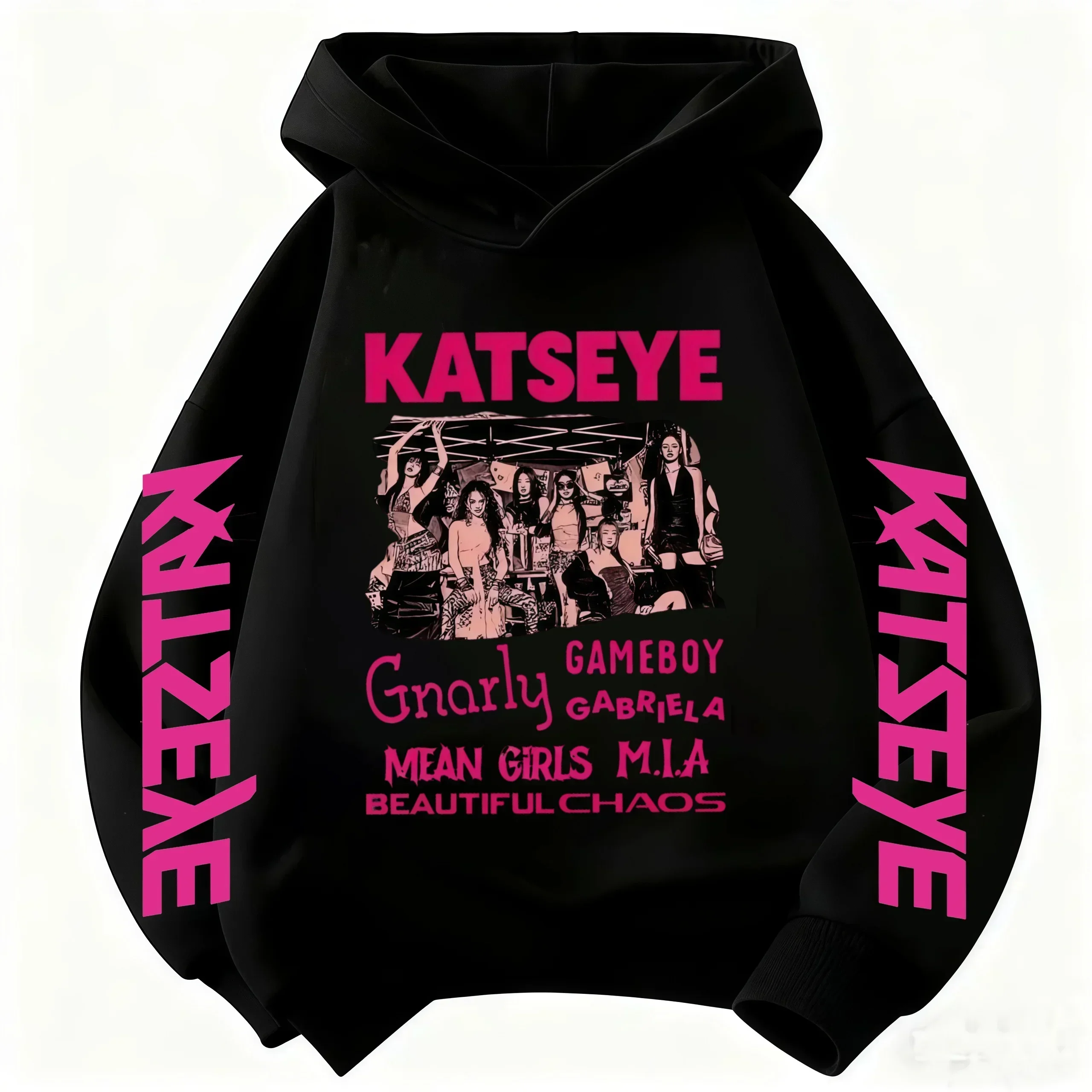KATSEYE Merch Hoodie Hooded Sweatshirt, Beautiful Chaos Pink Graphic Long Sleeve Pullover Casual Streetwear Fan Autumn Tops