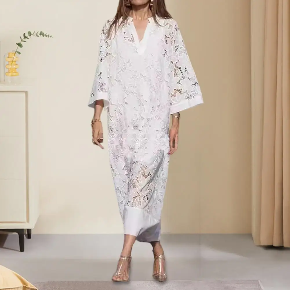 White Lace Dress Beach Dress Fall Women Dress Hollow Lace Crochet Patchwork Double-layer V Neck Maxi Floral Embroidery Three