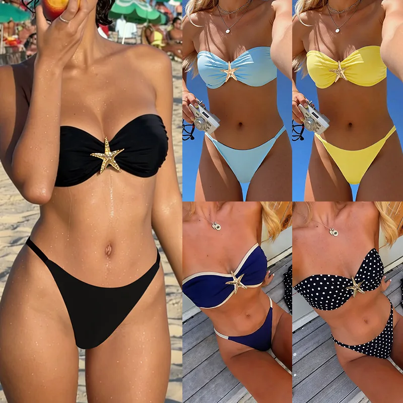 Women Bandeau Bikini Strapless Sleeveless Starfish Decor Bra Low Waist Thong Shorts Two-Piece Bathing Suit Swimsuit Beachwear
