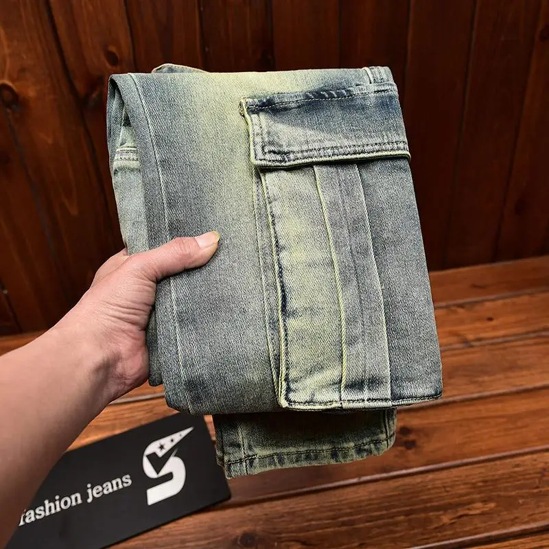 Jeans Retro Kelas Atas untuk Pria Celana Panjang Nostalgia Sepeda Motor Kasual Fashion Elastis Trendi Bergaya Skinny Slim Fit