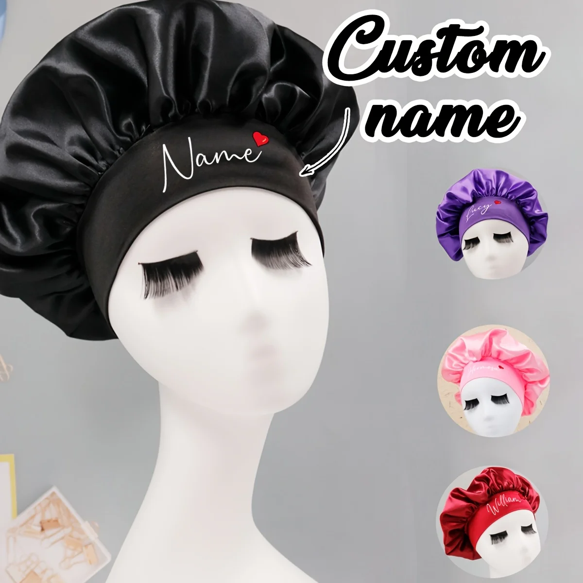 Custom Name Satin Hair Bonnet Personalized Sleeping Beauty Cap Customizable Night Hair Wrap Birthday Gift for Women Mom Men