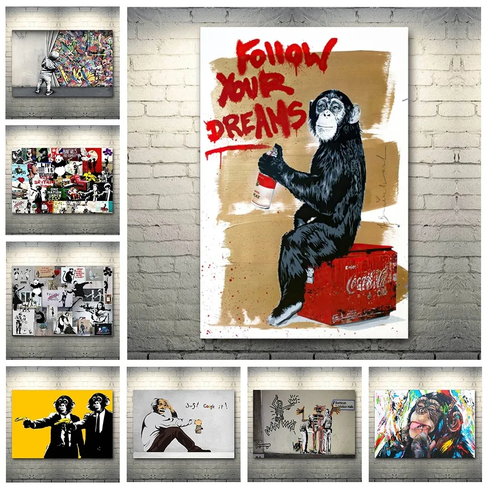 19 Types Banksy Graffiti Posters Monkey Chimpanzee Follow Your Dream Quotes Canvas Painting Wall Posters Bedroom Home Decoration