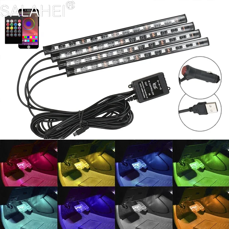 

Neon 48 LED Auto Interior Ambient Foot Light with USB Wireless Remote Music App Control Car RGB Atmosphere Decoration Lamps Part