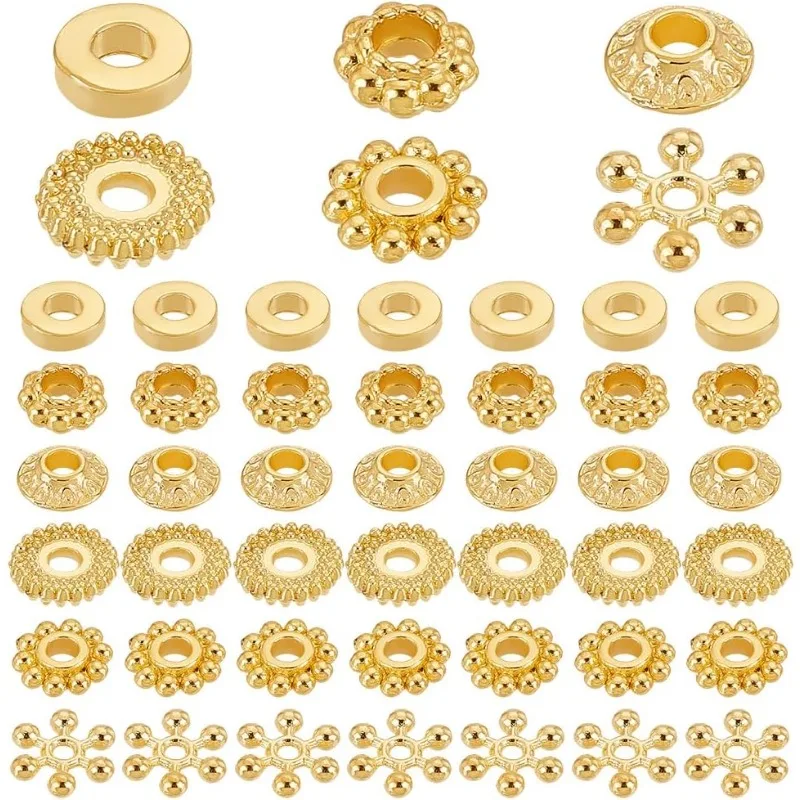 

300 шт. золотые бусины-разделители, 6 стилей, разделители для дисков из сплава, пончик, биконус, цветок, свободные бусины, снежинка, ювелирные изделия, подвеска из бисера