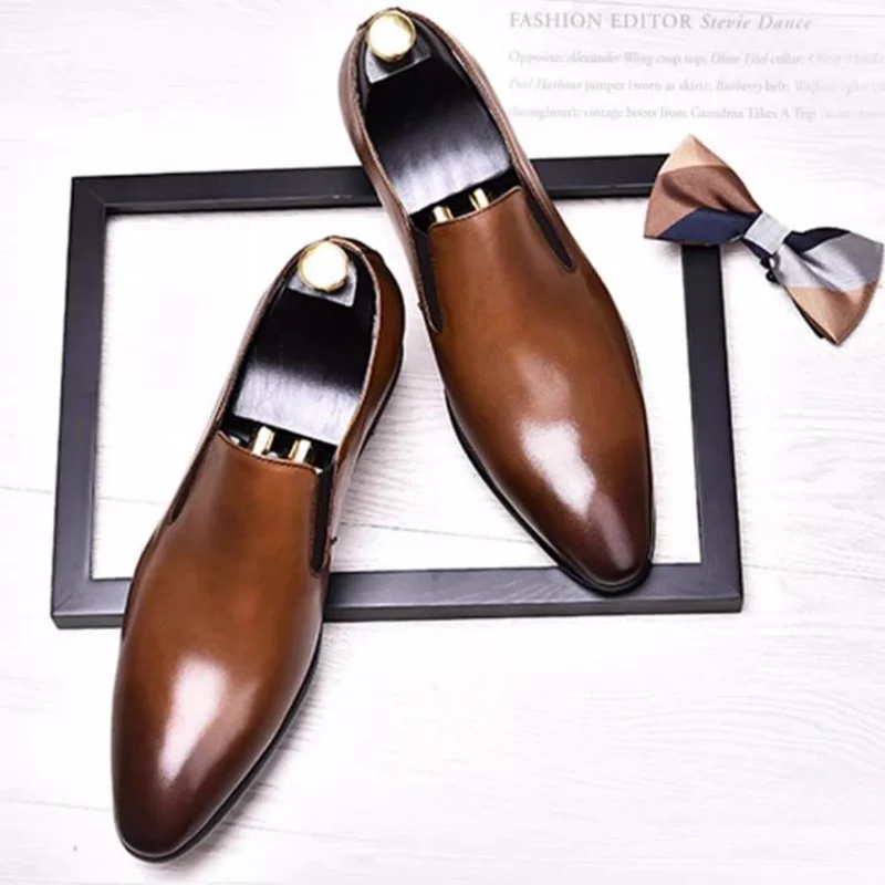 Men's Simple Style First-layer Cowhide Business Leather Shoes Pointed Toe Slip-on Dress Loafers Men Formal Shoes Leather Flats