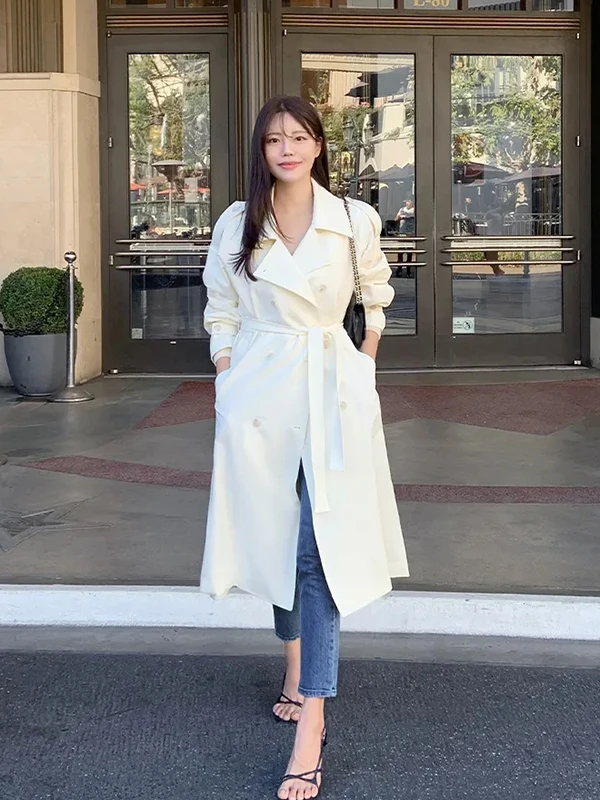 White Korean Style Women's Windbreaker Belted Waistcoat Spring Season Casual Good Looking Long Coat Polyester Fiber