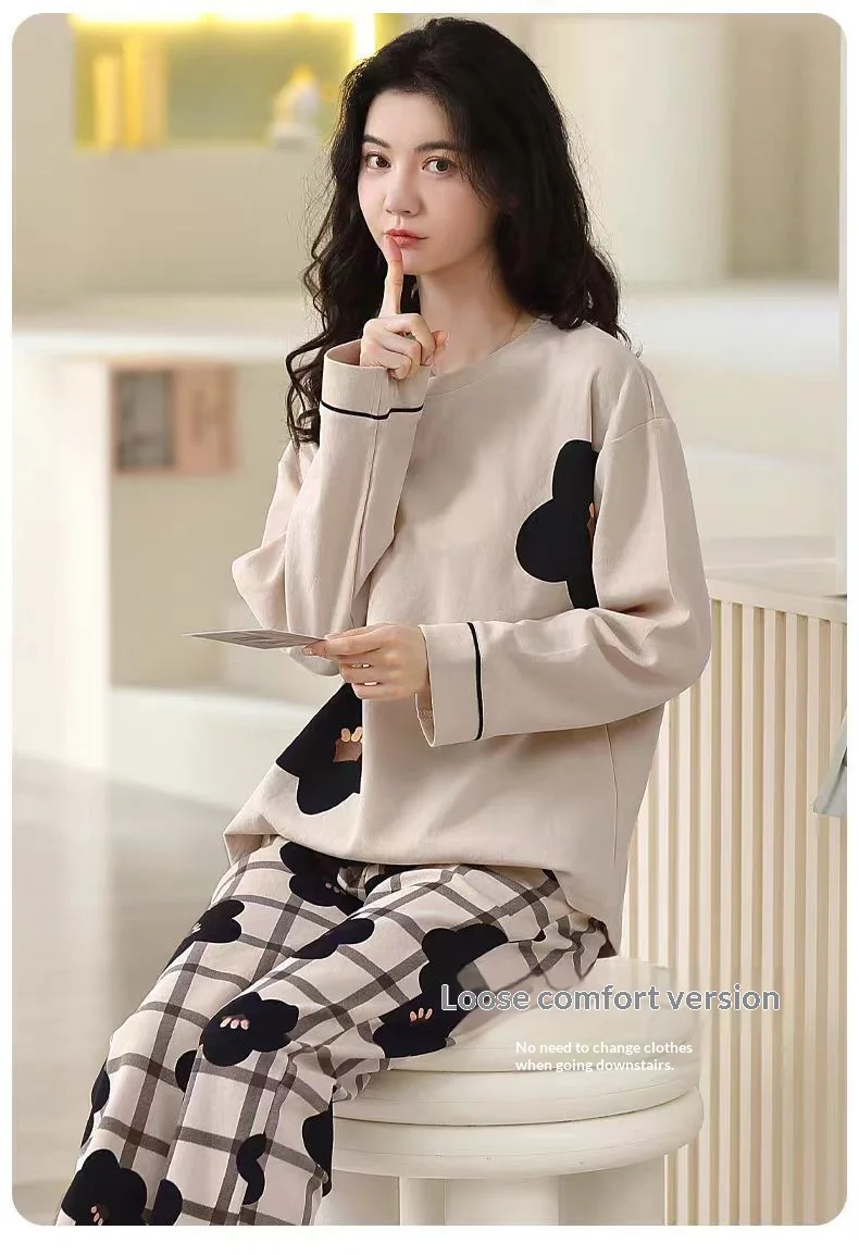 Damen Frühling/Herbst Pyjama: Langarm-Loungewear-Set für Mädchen, Übergröße, Schlicht, Locker Sitzend, Leichtes Pyjama-Set – Detail 6
