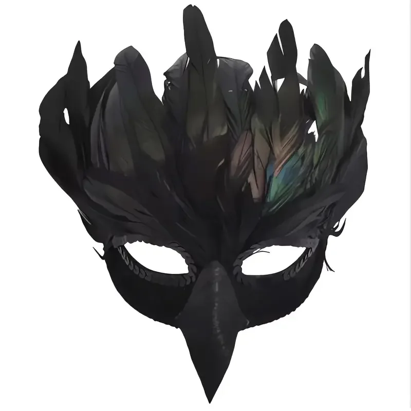 Black Feather Animal Raven Half Face Mask Cosplay Crow Bird Mouth Masks Halloween Carnival Dress Up Party Costume Props 2