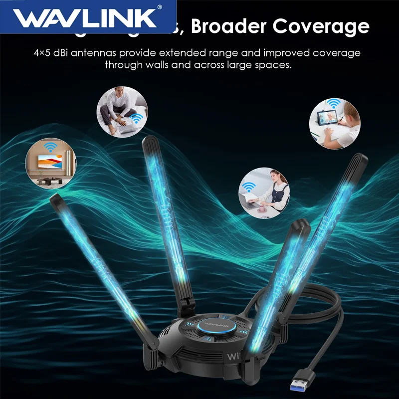 

WAVLINK WiFi 7 BE6500 Трехдиапазонный беспроводной сетевой адаптер USB 3.0 2,4G/5G/6G со встроенным драйвером Антенны с высоким коэффициентом усиления 5 дБи