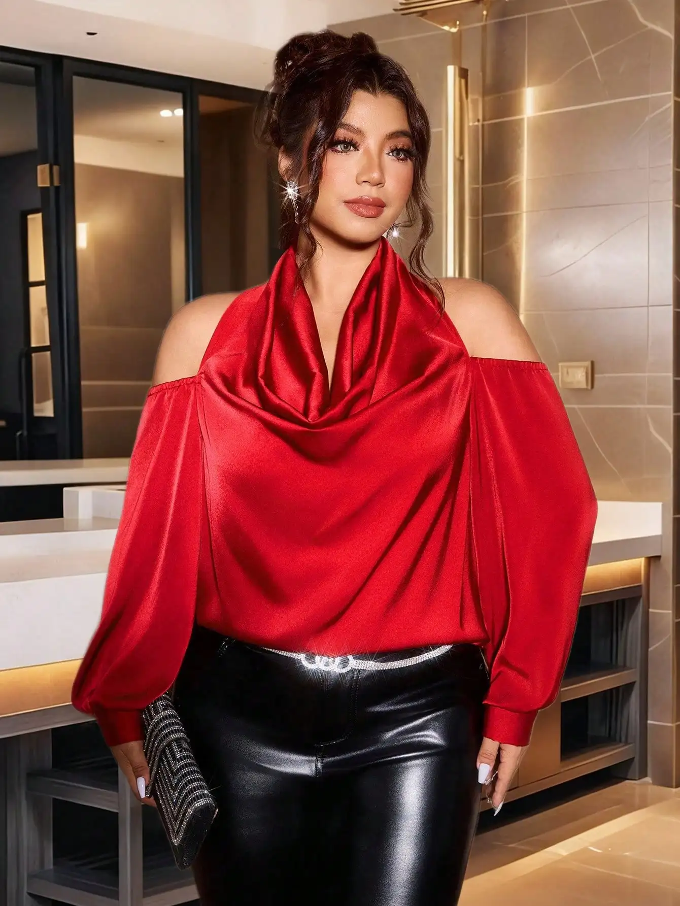 

Elegant Satin Off Shoulder Long Sleeve Blouse For Women