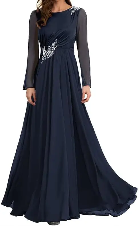Kleider für die Mutter des Bräutigams mit Spitzenapplikationen, lange Ärmel, Chiffon, Rüschen, formelles Abendkleid