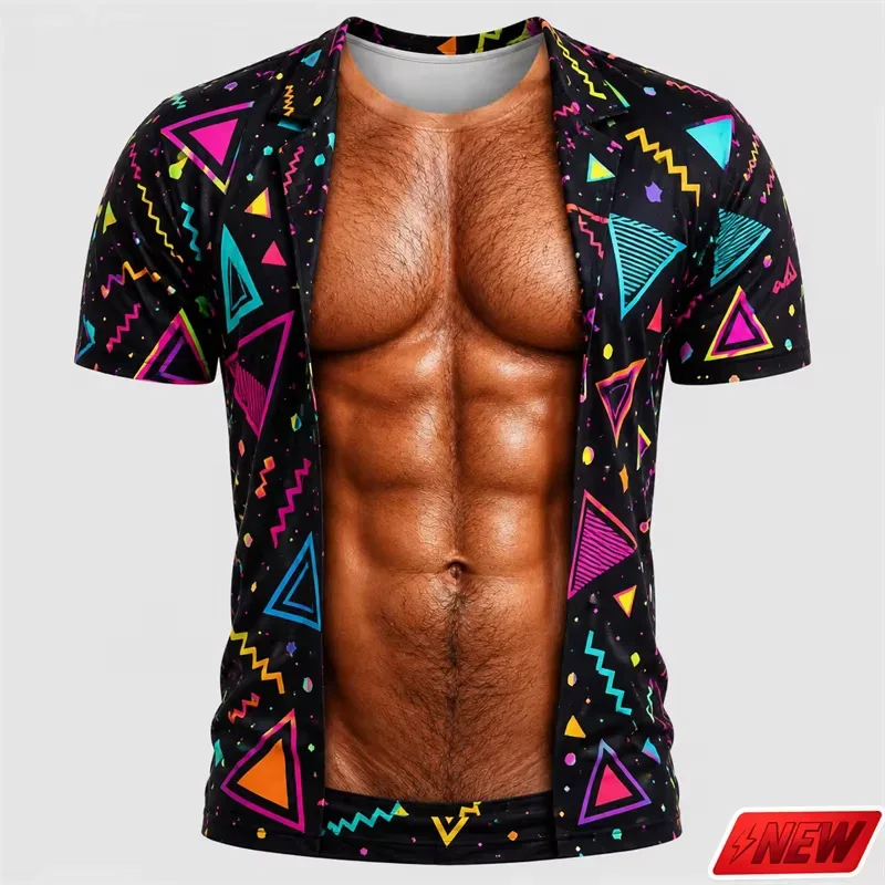 Fake Open Hawaiian Tee Too Hot To Handle Summer Holiday Casual Party Cosplay Gifts Funny Muscle Illusion Men T-Shirt 3D Print