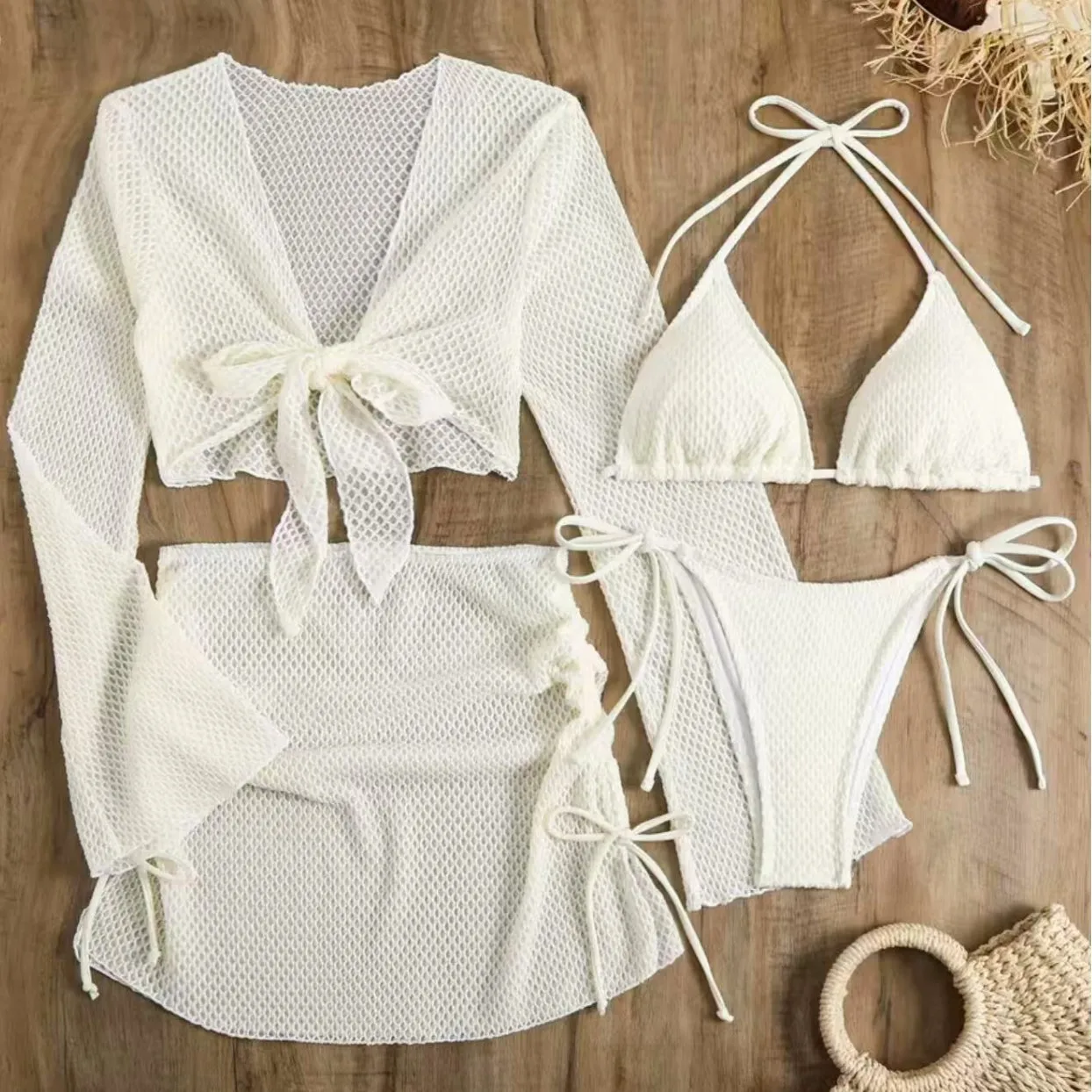 2026 Sexy Two Piece Bikini Set Women Push Up Tummy Control Swimsuit Swimwear Beach Vacation Summer Long Sleeve Crop Top Swimwear