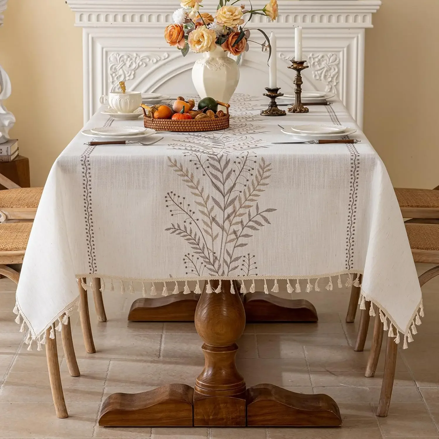 Rustic Cotton Linen Tablecloth, Heavy Weigh Embroidery Table Cloth for Rectangle, Farmhouse Spill-Proof Table Cover with Tassels