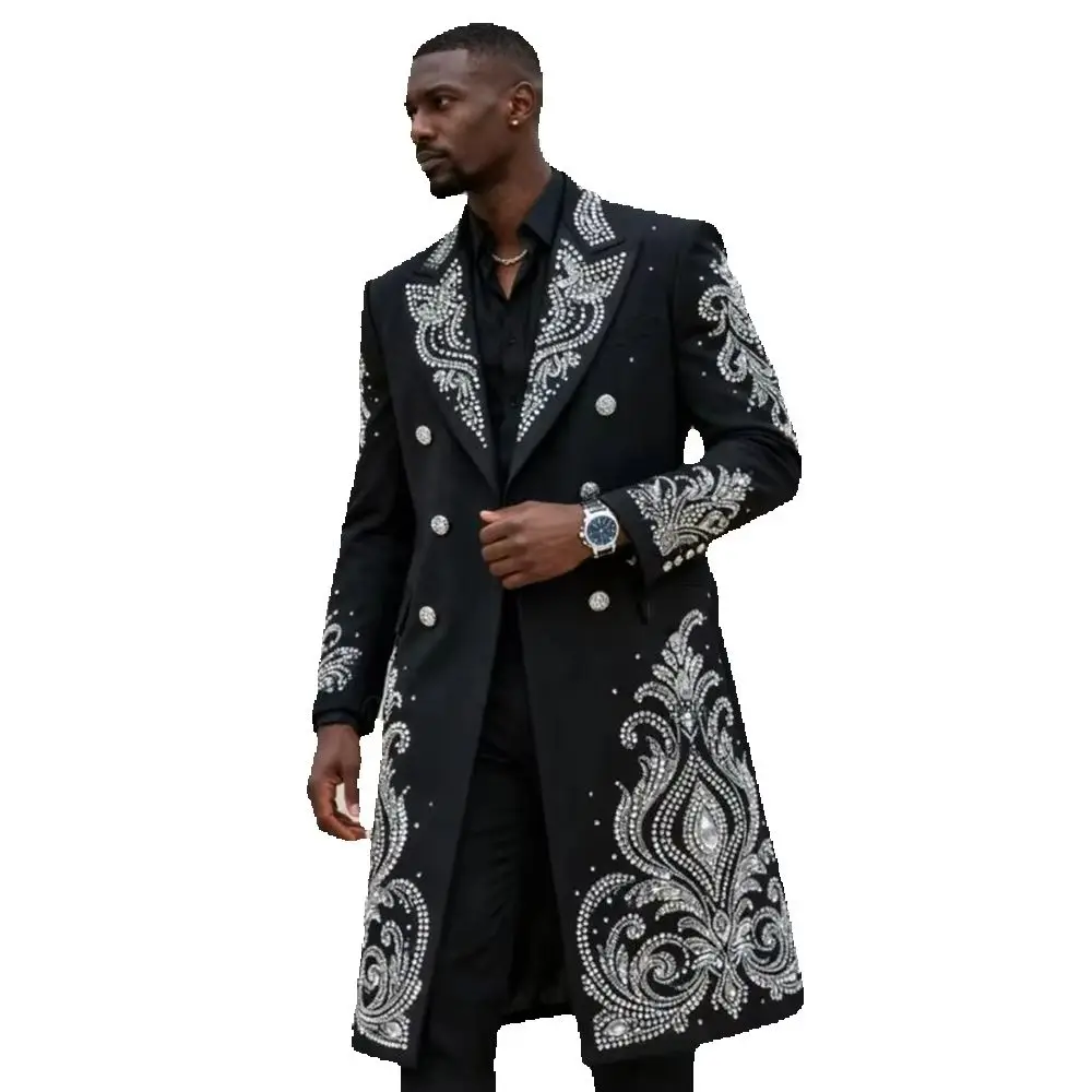 Heavy Crystals Rhinestone Long Men Suits High-End Customized Groom Wear Prom Blazers Ropa Hombre Plus Size Male Wedding Tuxedos