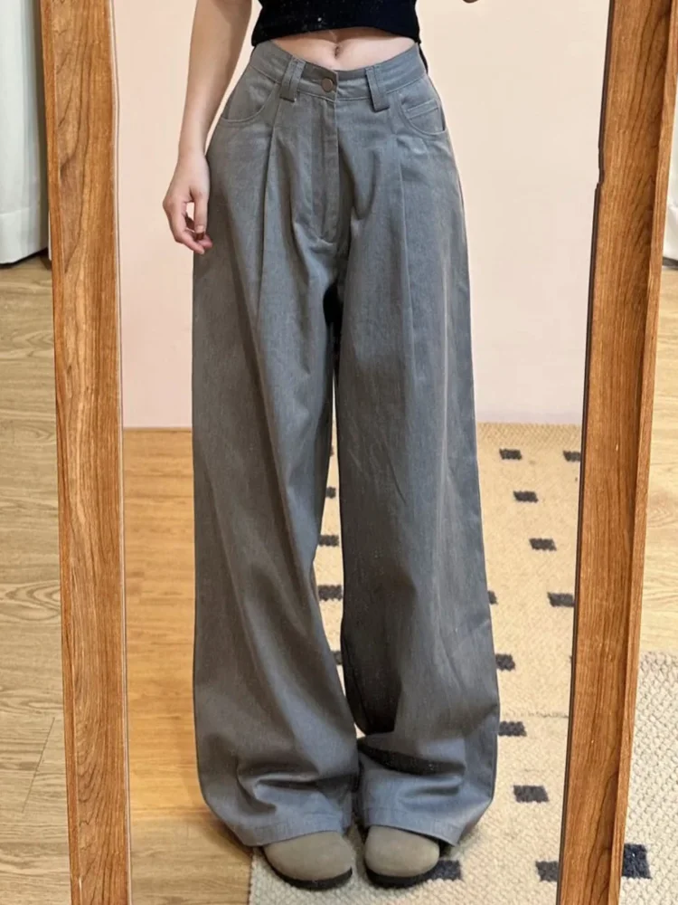 

ADAgirl Harajuku Grey Oversized Jeans Women Y2k Streetwear Vintage Pleated Korean Wide Leg Denim Pants Hip Hop Straight Trousers