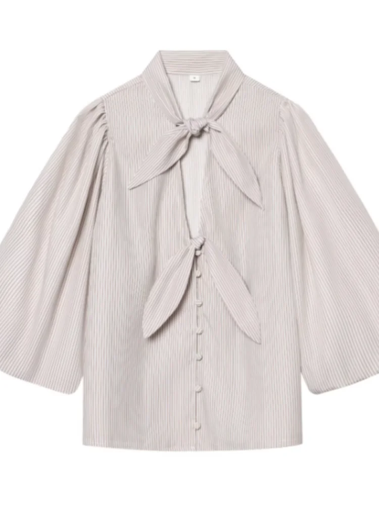 

Fashion Striped Pink Shirt Women Chic Notched Collar Elegant Neckline Tie Long Sleeveles Commute Tops 2026 Lady Daily Stree Wear