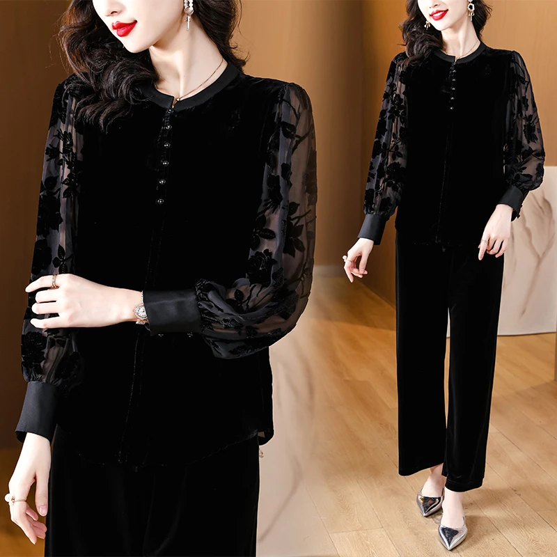 

2023 New Black Silk Velvet Long Sleeve Solid Pants Two Piece Set for Women's O-Neck Loose Large Lace Hollow out Slim Set