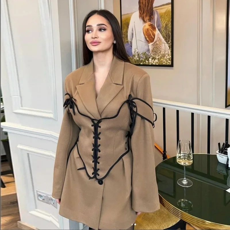 Two Piece Sets Dress Set Women Coats Dresses Mid Length Coat Notched Full Sleeve Corset Elegant Splice A Line Slim Fit Autumn