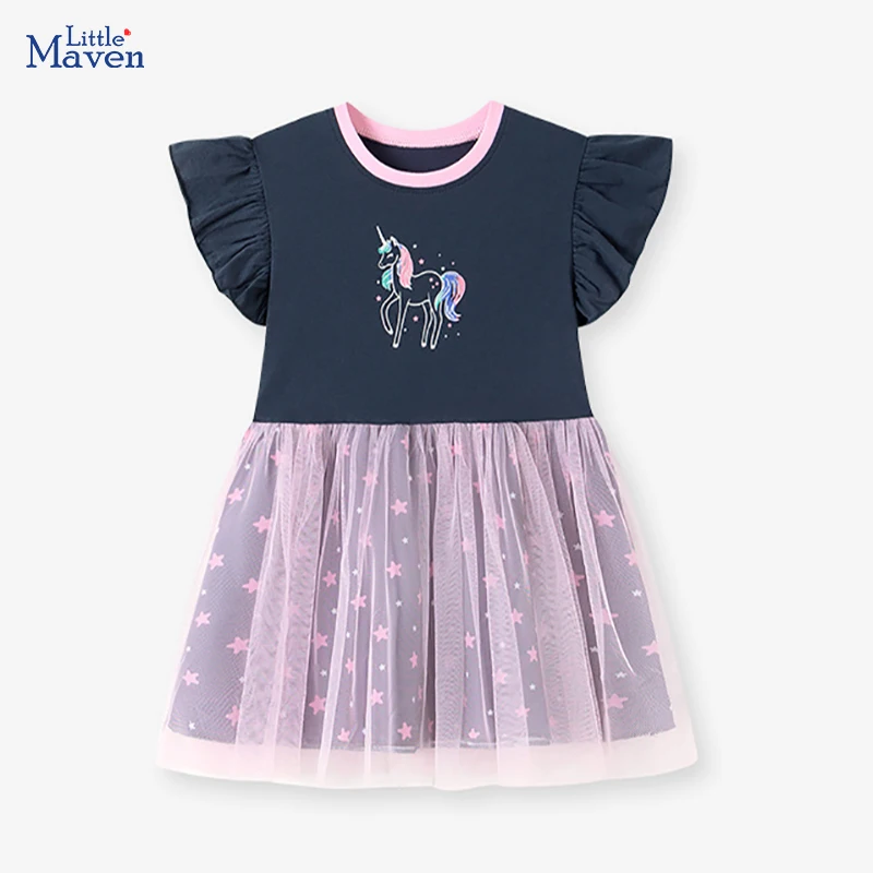 Little maven 2026 Summer New Kids Clothes Dress for Baby Girls Children's Clothing Princess Party Casual Mesh Unicorn Dresses