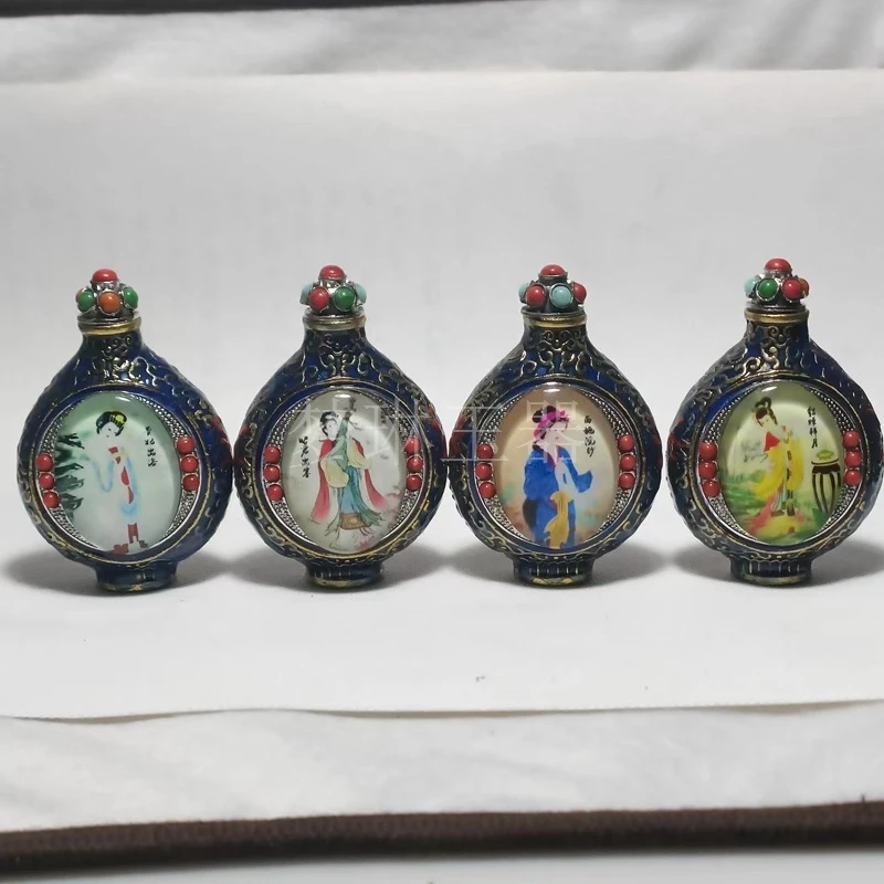 Antique Inlaid Cloisonné Enamel Art Piece Featuring Four Beauties, Double-Sided Internal Painting, Decorative Snuff Bottle