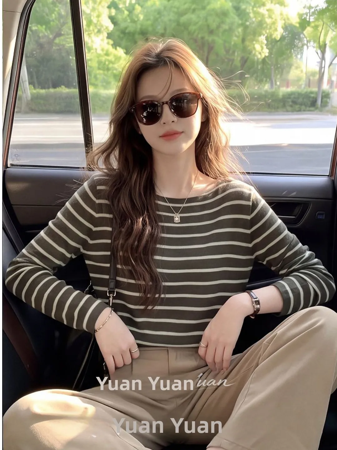 Green Striped Boat Neck Long Sleeve Knitted Sweater Women's Simple Versatile Overhead Design Trendy Top for Autumn