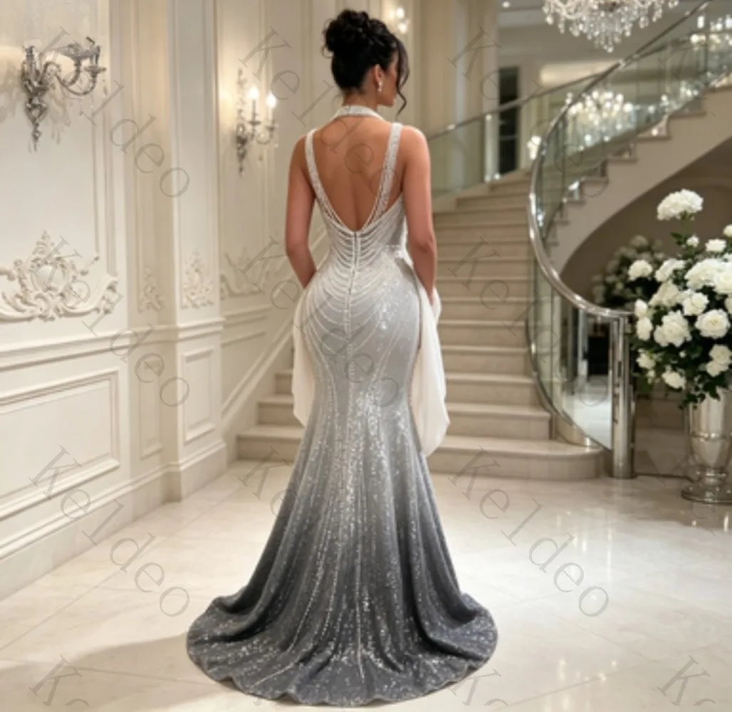 Customized Halter Neck Mermaid Evening Dresses Handmade Pearl Draped Bodice Sequin Skirt with Matching Shawl Formal Prom Gown