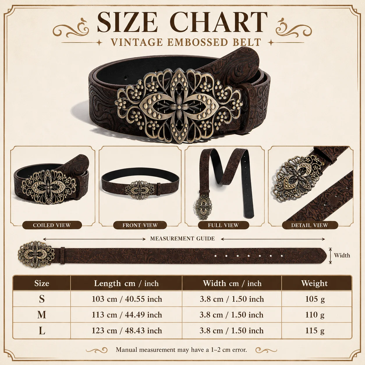 1pc Women Brown Western Belt Vintage Cowgirl Boho Style PU Leather Embossed Belt With Antique Floral Buckle For Jeans Dress
